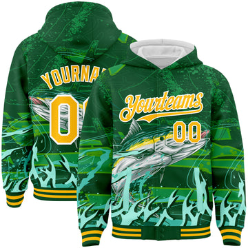 Custom Green Gold-White Tuna Fish Fishing 3D Bomber Full-Snap Varsity Letterman Hoodie Jacket