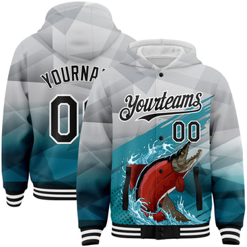 Custom Gray Black-Aqua Salmon Fish Fishing 3D Bomber Full-Snap Varsity Letterman Hoodie Jacket