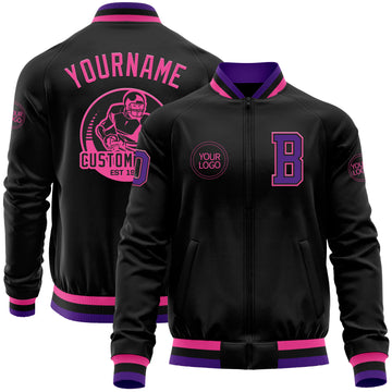 Custom Black Purple-Pink Bomber Varsity Letterman Zipper Jacket