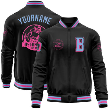 Custom Black Light Blue-Pink Bomber Varsity Letterman Zipper Jacket