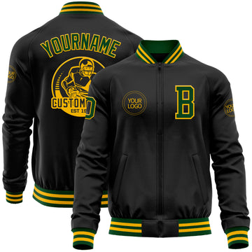 Custom Black Gold-Green Bomber Varsity Letterman Zipper Jacket