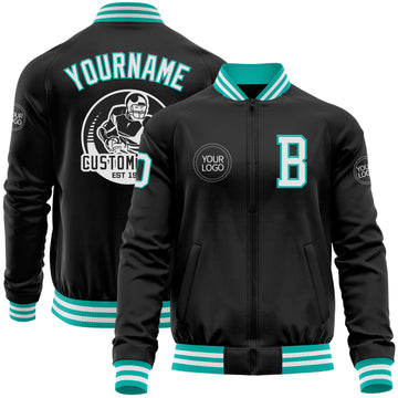 Custom Black White-Aqua Bomber Varsity Letterman Zipper Jacket