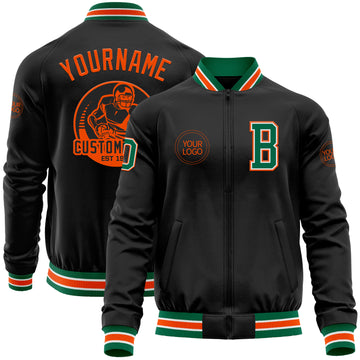 Custom Black Kelly Green-Orange Bomber Varsity Letterman Zipper Jacket