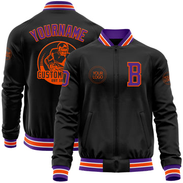 Custom Black Purple-Orange Bomber Varsity Letterman Zipper Jacket