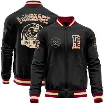 Custom Black Vintage USA Flag Cream-Maroon Bomber Varsity Letterman Zipper Jacket