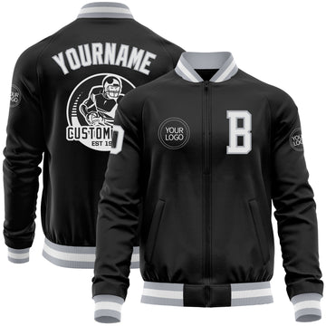 Custom Black White-Gray Bomber Varsity Letterman Zipper Jacket