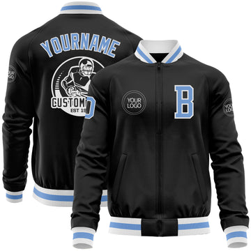 Custom Black Light Blue-White Bomber Varsity Letterman Zipper Jacket