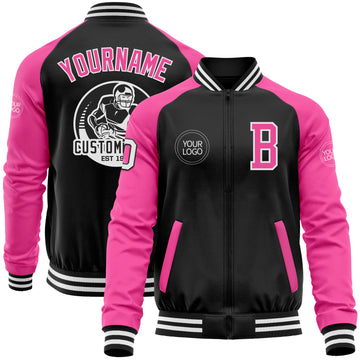 Custom Black Pink-White Bomber Varsity Letterman Two Tone Zipper Jacket