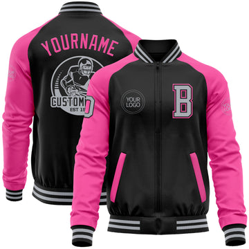 Custom Black Gray-Pink Bomber Varsity Letterman Two Tone Zipper Jacket