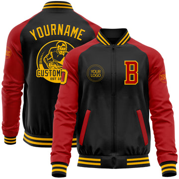 Custom Black Gold-Red Bomber Varsity Letterman Two Tone Zipper Jacket