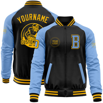 Custom Black Gold-Light Blue Bomber Varsity Letterman Two Tone Zipper Jacket