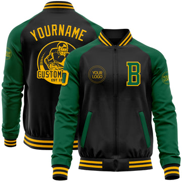 Custom Black Gold-Kelly Green Bomber Varsity Letterman Two Tone Zipper Jacket