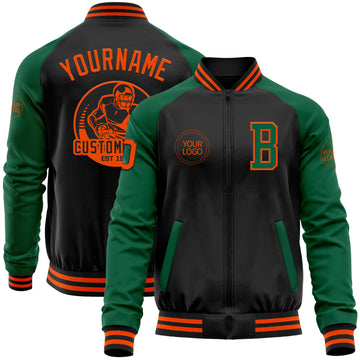 Custom Black Orange-Kelly Green Bomber Varsity Letterman Two Tone Zipper Jacket