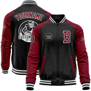 Custom Black Crimson-White Bomber Varsity Letterman Two Tone Zipper Jacket