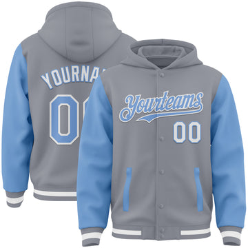 Custom Gray Light Blue-White Bomber Full-Snap Varsity Letterman Two Tone Hoodie Jacket