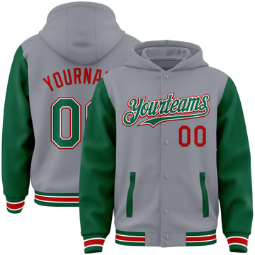 Custom Gray Kelly Green-Red Bomber Full-Snap Varsity Letterman Two Tone Hoodie Jacket