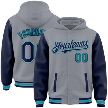 Custom Gray Navy-Teal Bomber Full-Snap Varsity Letterman Two Tone Hoodie Jacket