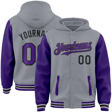 Custom Gray Purple-Black Bomber Full-Snap Varsity Letterman Two Tone Hoodie Jacket