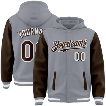 Custom Gray Brown-White Bomber Full-Snap Varsity Letterman Two Tone Hoodie Jacket