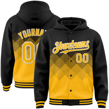 Custom Black Gold-White Gradient Square Shape 3D Pattern Design Bomber Full-Snap Varsity Letterman Hoodie Jacket