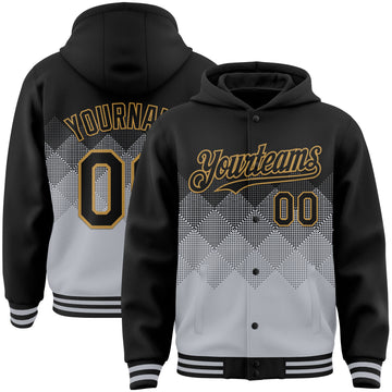 Custom Black Gray-Old Gold Gradient Square Shape 3D Pattern Design Bomber Full-Snap Varsity Letterman Hoodie Jacket