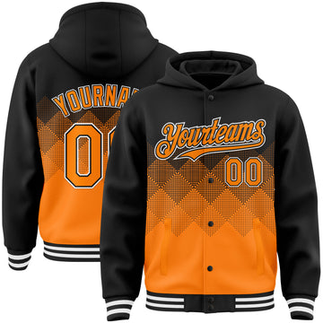 Custom Black Bay Orange-White Gradient Square Shape 3D Pattern Design Bomber Full-Snap Varsity Letterman Hoodie Jacket