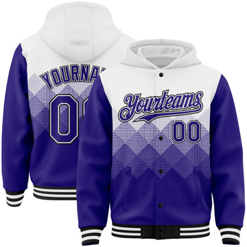 Custom White Dark Purple-Black Gradient Square Shape 3D Pattern Design Bomber Full-Snap Varsity Letterman Hoodie Jacket