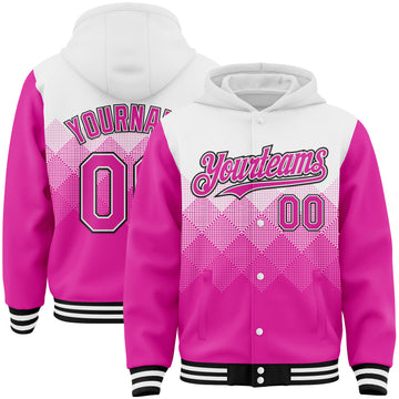 Custom White Deep Pink-Black Gradient Square Shape 3D Pattern Design Bomber Full-Snap Varsity Letterman Hoodie Jacket