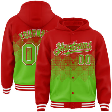 Custom Red Aurora Green-White Gradient Square Shape 3D Pattern Design Bomber Full-Snap Varsity Letterman Hoodie Jacket