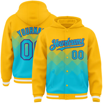 Custom Gold Lakes Blue-Purple Gradient Square Shape 3D Pattern Design Bomber Full-Snap Varsity Letterman Hoodie Jacket