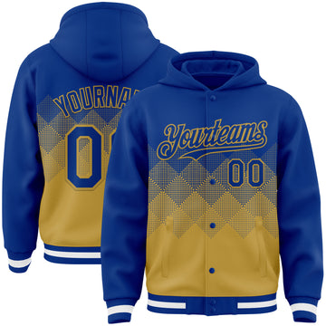 Custom Royal Old Gold-White Gradient Square Shape 3D Pattern Design Bomber Full-Snap Varsity Letterman Hoodie Jacket