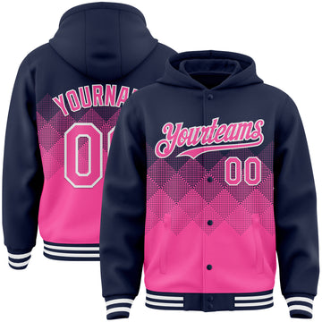 Custom Navy Pink-White Gradient Square Shape 3D Pattern Design Bomber Full-Snap Varsity Letterman Hoodie Jacket