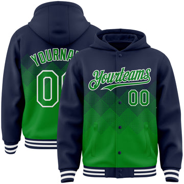 Custom Navy Grass Green-White Gradient Square Shape 3D Pattern Design Bomber Full-Snap Varsity Letterman Hoodie Jacket