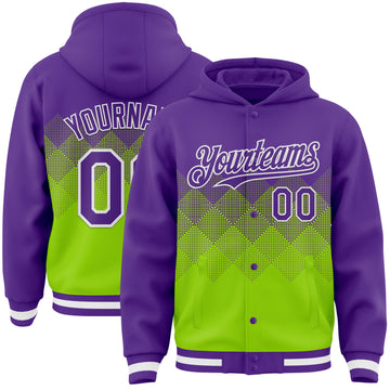 Custom Purple Neon Green-White Gradient Square Shape 3D Pattern Design Bomber Full-Snap Varsity Letterman Hoodie Jacket