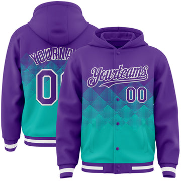 Custom Purple Aqua-White Gradient Square Shape 3D Pattern Design Bomber Full-Snap Varsity Letterman Hoodie Jacket