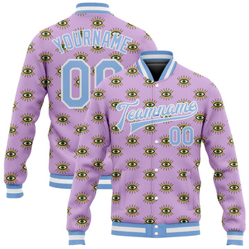 Custom Light Purple Light Blue-White Evil Eyes 3D Pattern Design Bomber Full-Snap Varsity Letterman Jacket