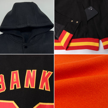 Custom Orange Black-Cream Bomber Full-Snap Varsity Letterman Hoodie Jacket