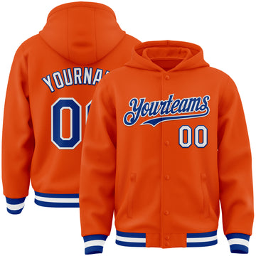 Custom Orange Royal-White Bomber Full-Snap Varsity Letterman Hoodie Jacket