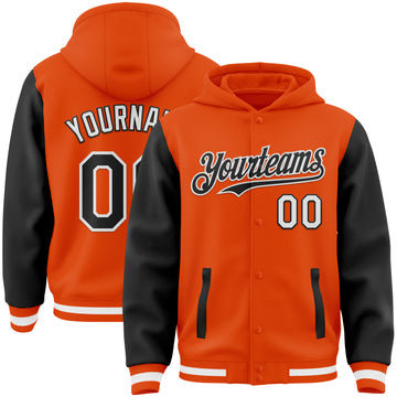 Custom Orange Black-White Bomber Full-Snap Varsity Letterman Two Tone Hoodie Jacket