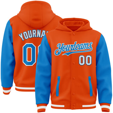 Custom Orange Powder Blue-White Bomber Full-Snap Varsity Letterman Two Tone Hoodie Jacket