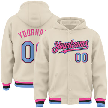 Custom Cream Light Blue Black-Pink Bomber Full-Snap Varsity Letterman Hoodie Jacket