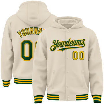 Custom Cream Green-Gold Bomber Full-Snap Varsity Letterman Hoodie Jacket