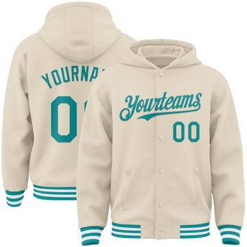 Custom Cream Teal-White Bomber Full-Snap Varsity Letterman Hoodie Jacket