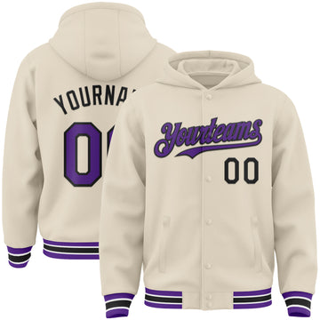 Custom Cream Purple Black-White Bomber Full-Snap Varsity Letterman Hoodie Jacket