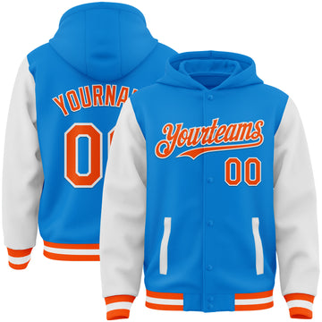 Custom Powder Blue Orange-White Bomber Full-Snap Varsity Letterman Two Tone Hoodie Jacket