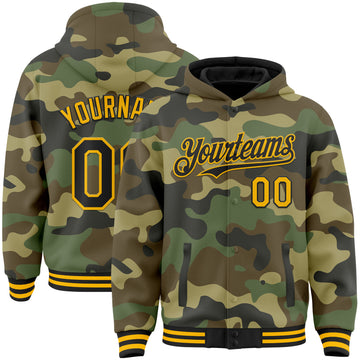 Custom Camo Black-Gold Bomber Full-Snap Varsity Letterman Salute To Service Hoodie Jacket