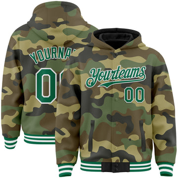 Custom Camo Kelly Green-White Bomber Full-Snap Varsity Letterman Salute To Service Hoodie Jacket