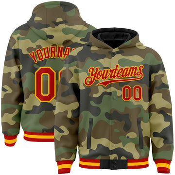 Custom Camo Red-Gold Bomber Full-Snap Varsity Letterman Salute To Service Hoodie Jacket