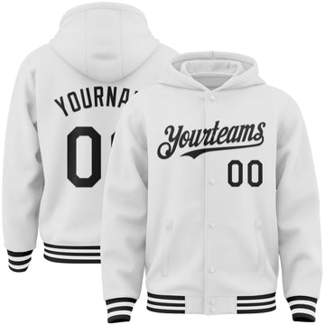 Custom White Black Bomber Full-Snap Varsity Letterman Hoodie Jacket