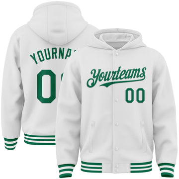 Custom White Kelly Green Bomber Full-Snap Varsity Letterman Hoodie Jacket